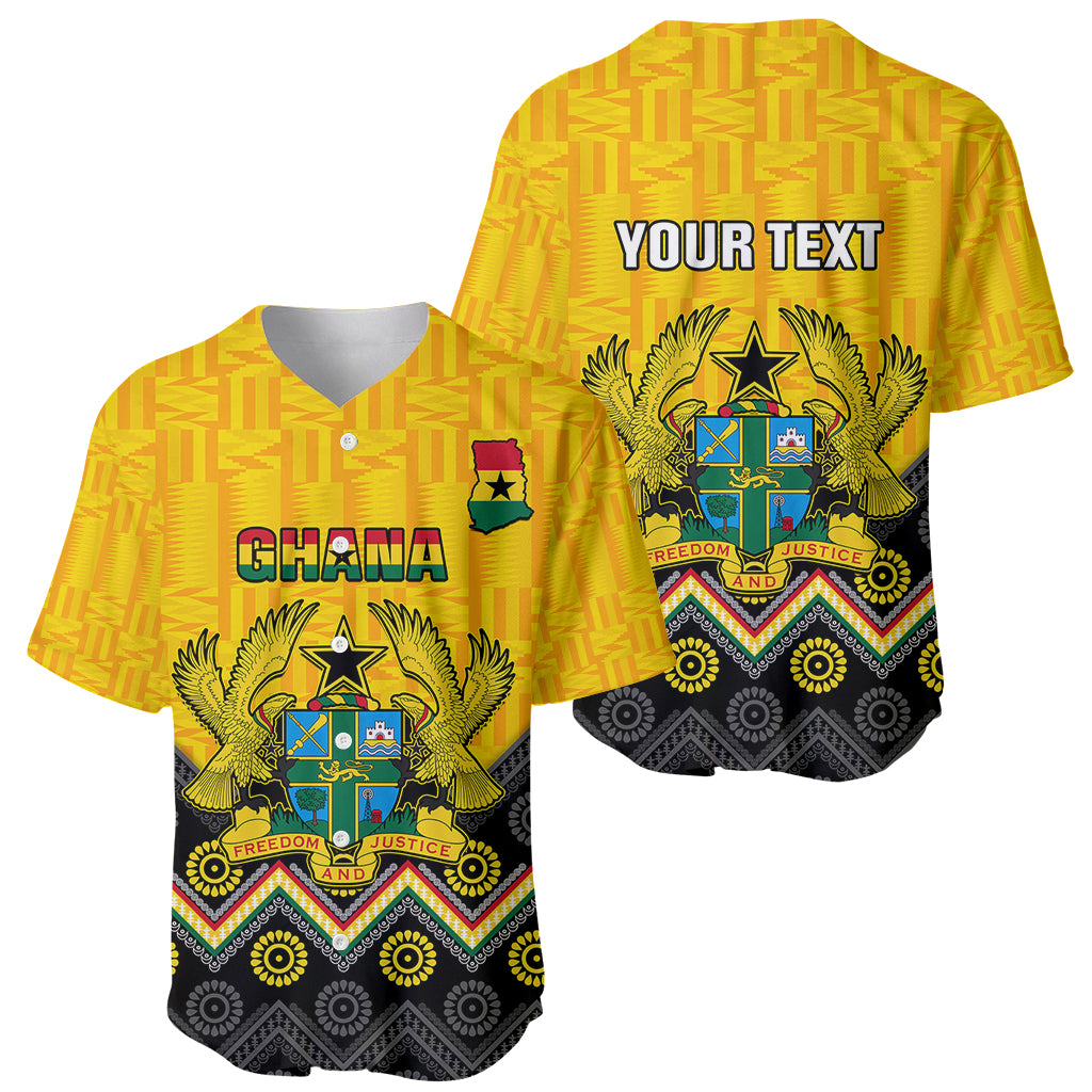 Yellow Ghana baseball jersey front and back with coat of arms crest and kente/adinkra patterns