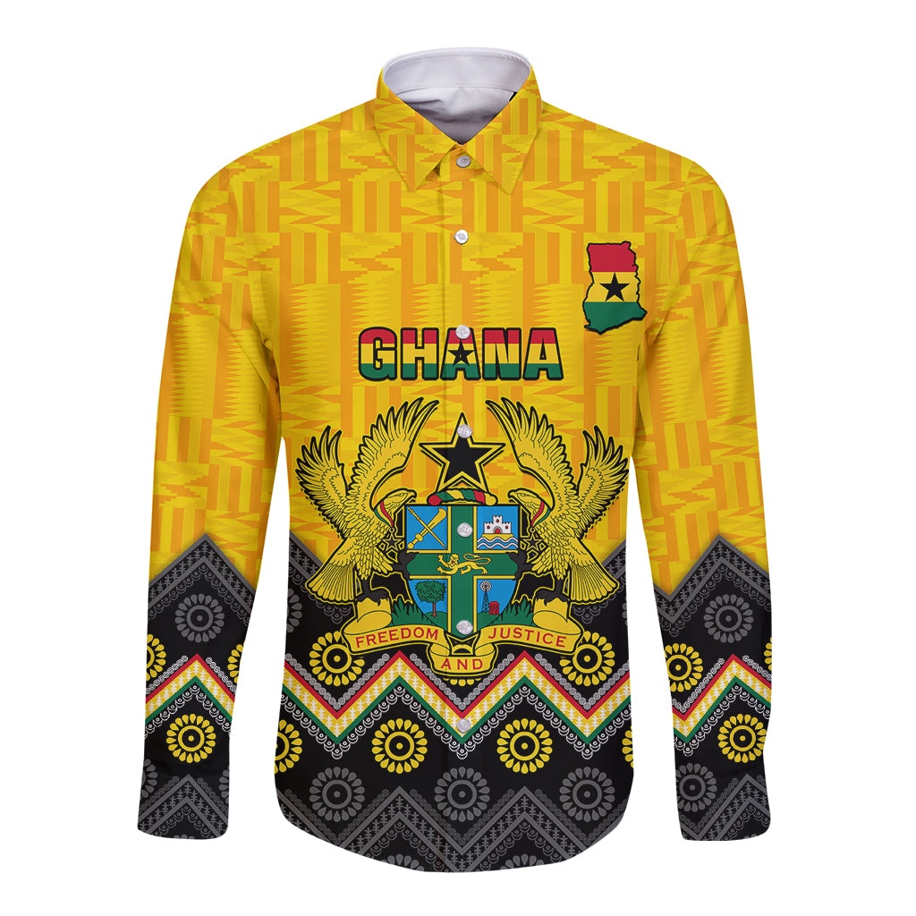 Yellow long sleeve button shirt with kente pattern and Ghana coat of arms crest front