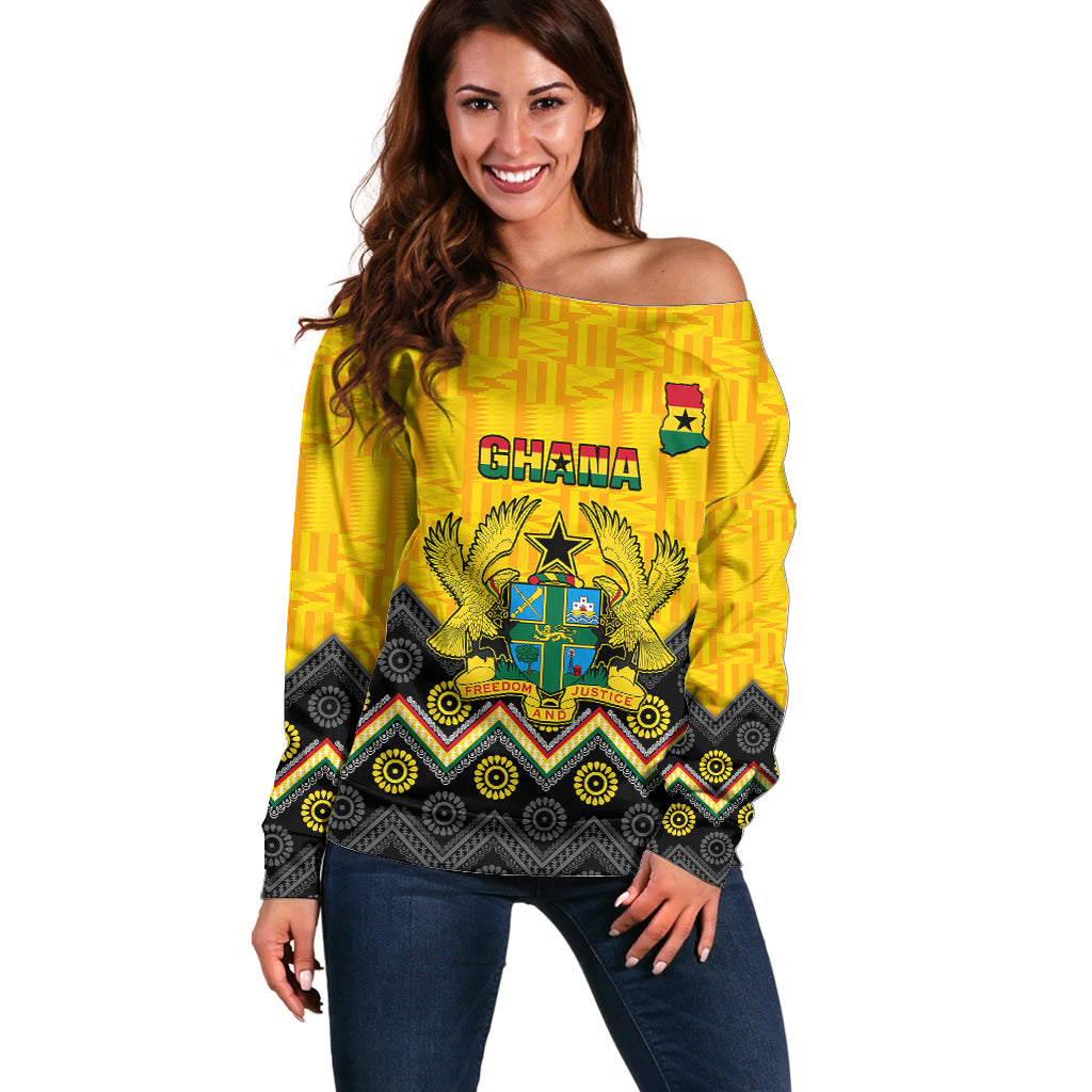 Personalised Ghana Off Shoulder Sweater Kente Pattern And Adinkra Pattern Mix Coat Of Arms TS06 - Wonder Print Shop