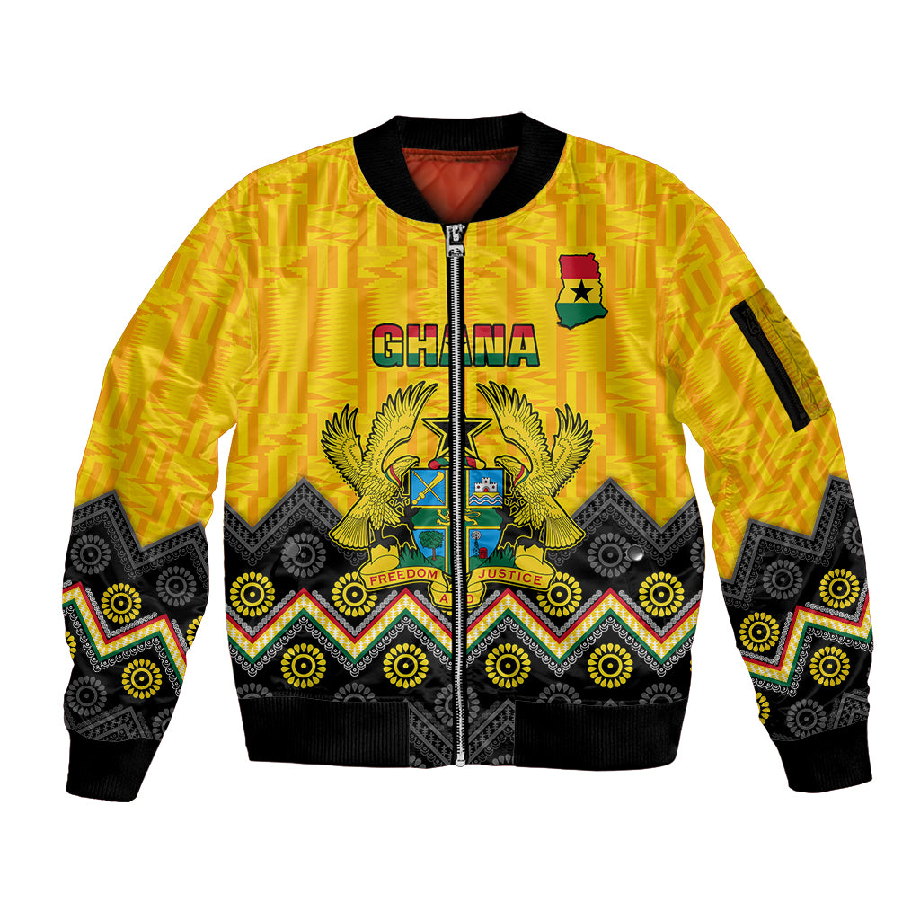 Personalised Ghana Sleeve Zip Bomber Jacket Kente Pattern And Adinkra Pattern Mix Coat Of Arms TS06 - Wonder Print Shop