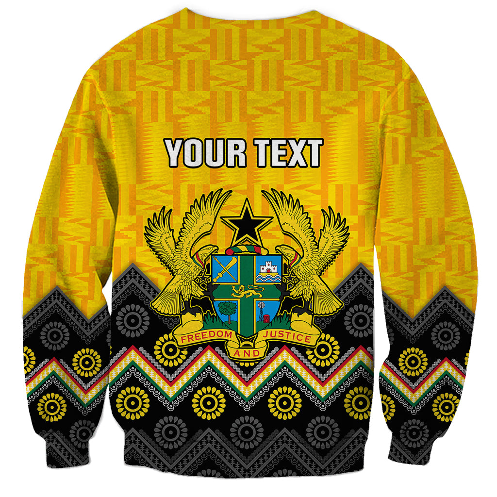 Yellow unisex sweatshirt with coat of arms crest, Kente-Adinkra pattern and “YOUR TEXT”