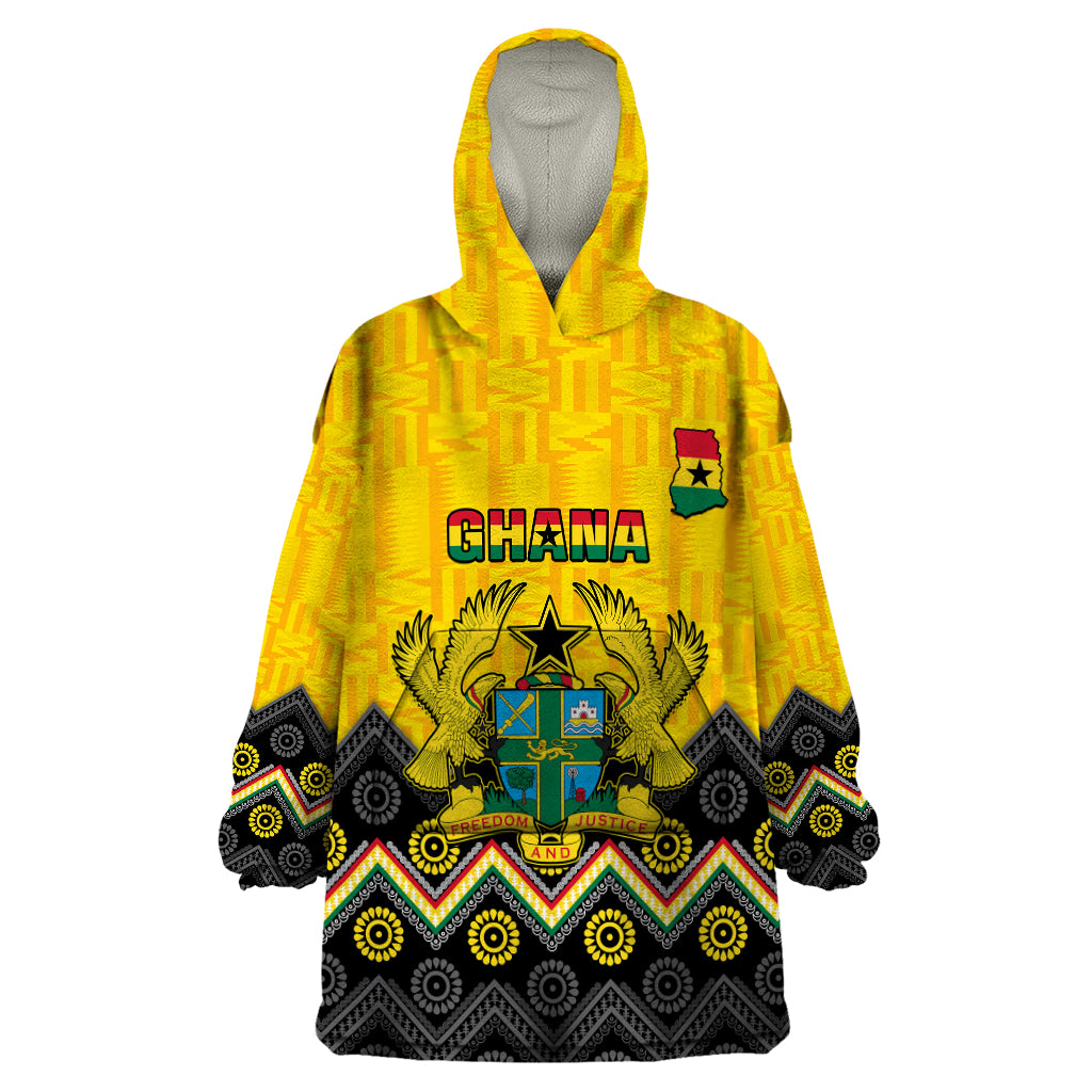 Personalised Ghana Wearable Blanket Hoodie Kente Pattern And Adinkra Pattern Mix Coat Of Arms TS06 - Wonder Print Shop