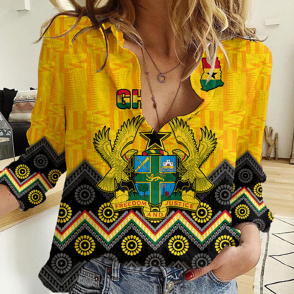 Personalised Ghana Women Casual Shirt Kente Pattern And Adinkra Pattern Mix Coat Of Arms TS06 - Wonder Print Shop