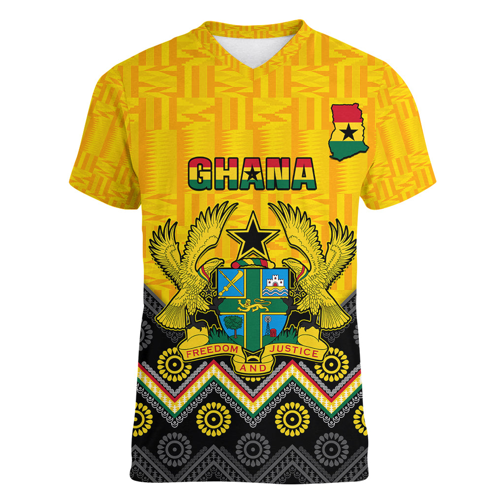 Personalised Ghana Women V Neck T Shirt Kente Pattern And Adinkra Pattern Mix Coat Of Arms TS06 - Wonder Print Shop