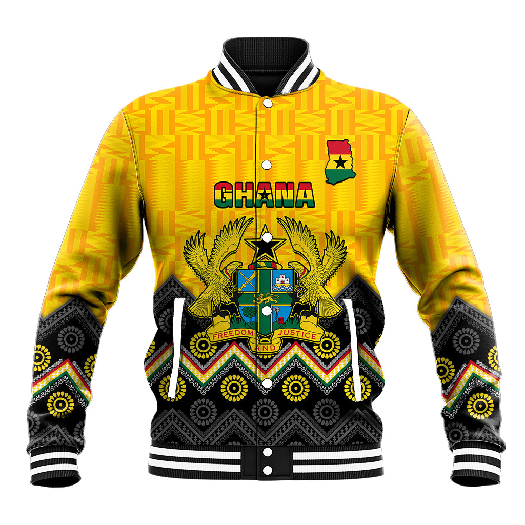 Yellow baseball jacket with coat of arms and kente/Adinkra patterns, ribbed collar