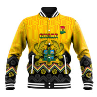 Yellow baseball jacket with coat of arms and kente/Adinkra patterns, ribbed collar