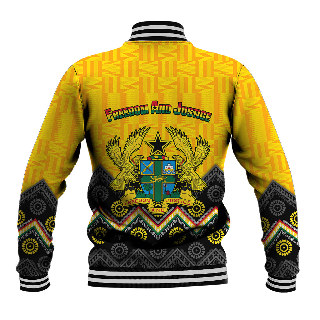 Yellow baseball jacket back with coat of arms, Freedom and Justice text, kente/Adinkra patterns