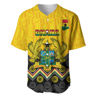 Yellow V-neck baseball jersey with Ghana crest, Freedom and Justice graphic, patterned hem
