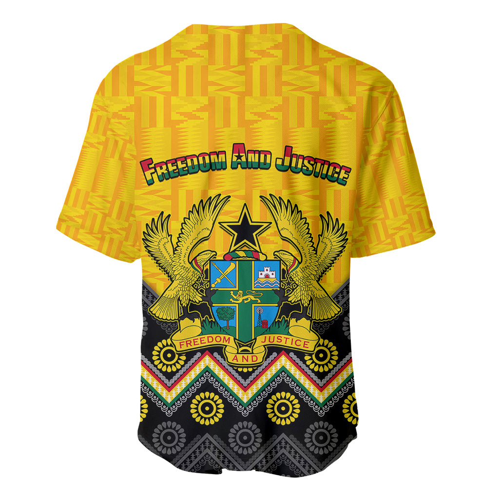 Yellow V-neck baseball jersey, Freedom and Justice text, coat of arms crest, patterned hem