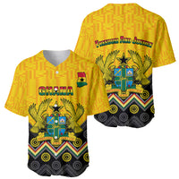 Yellow V-neck baseball jersey, front and back with Ghana crest and Freedom and Justice text