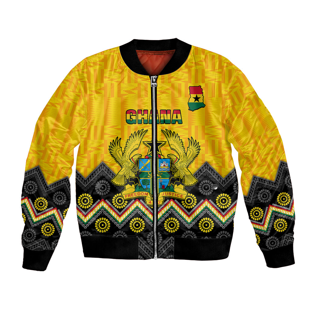 Unisex yellow bomber jacket with kente and adinkra patterns, zip-front and crest graphic