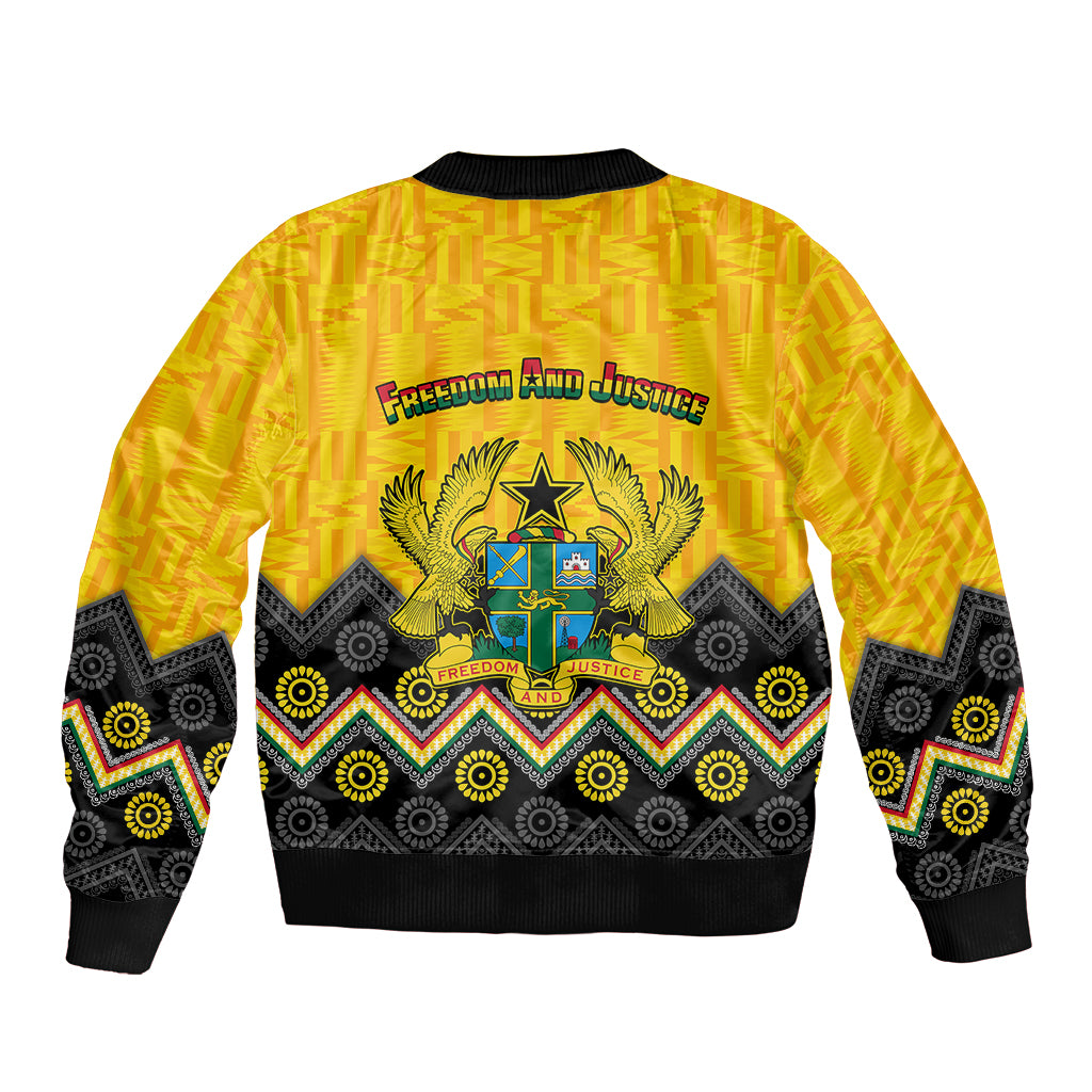Unisex yellow bomber jacket with back text 'Freedom and Justice' and crest, ribbed cuffs