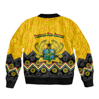 Unisex yellow bomber jacket with back text 'Freedom and Justice' and crest, ribbed cuffs