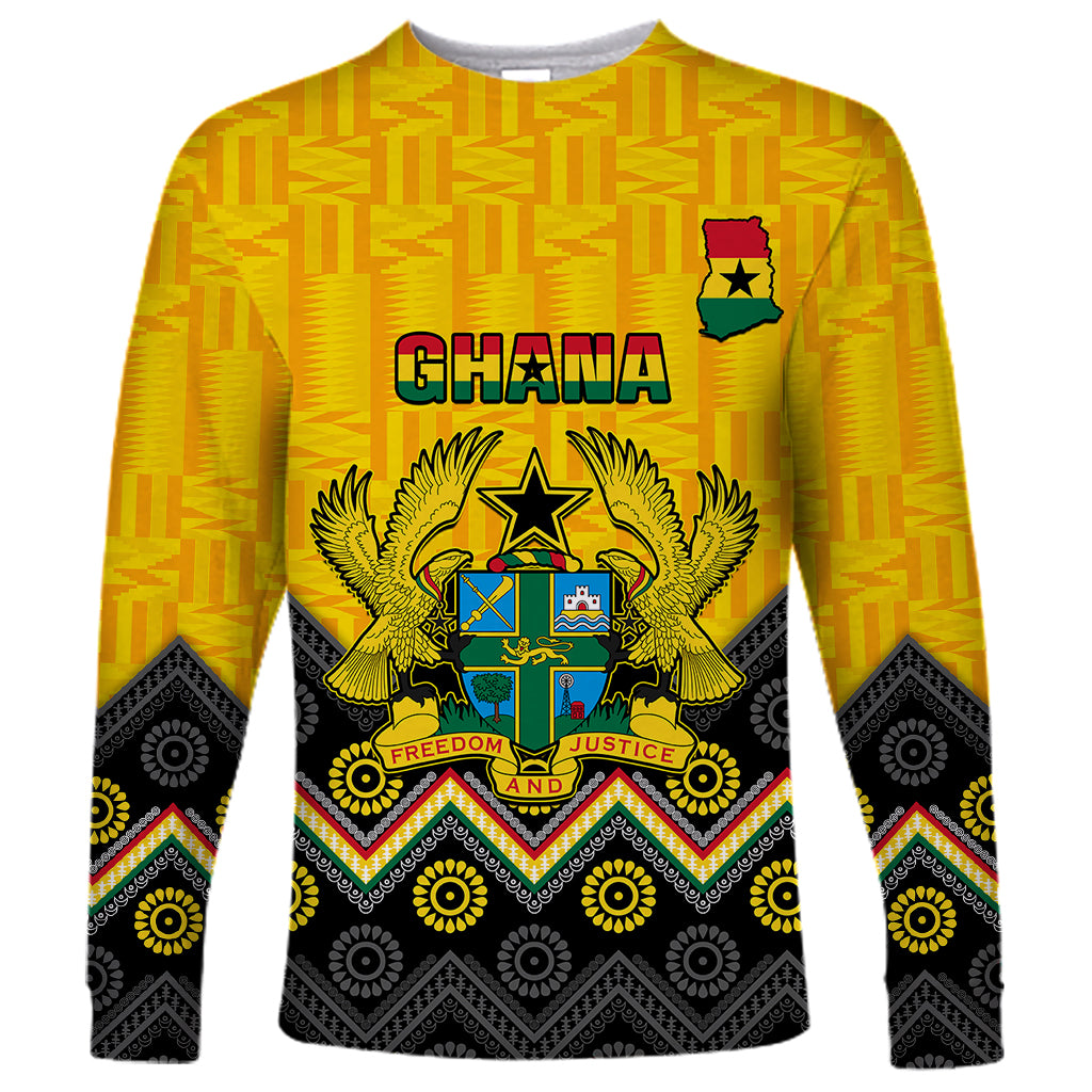Yellow long-sleeve shirt with Ghana text and coat-of-arms crest, patterned sleeves