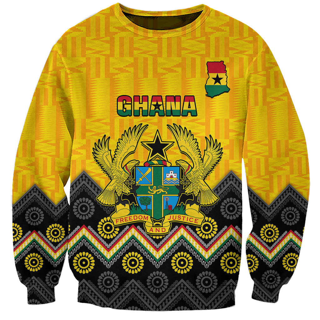 Yellow Ghana sweatshirt with kente and adinkra patterns, front coat of arms graphic