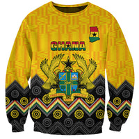Yellow Ghana sweatshirt with kente and adinkra patterns, front coat of arms graphic