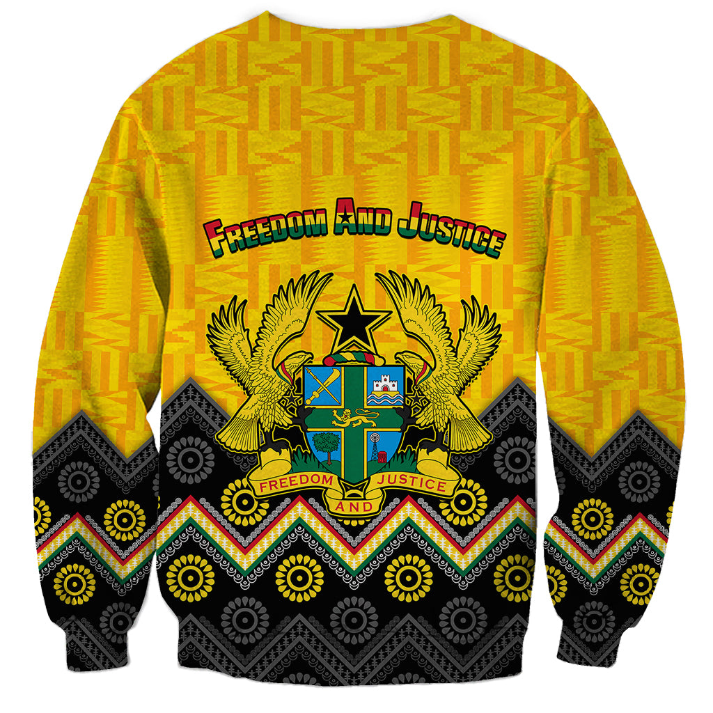 Yellow sweatshirt with kente and adinkra patterns, back 'Freedom and Justice' crest