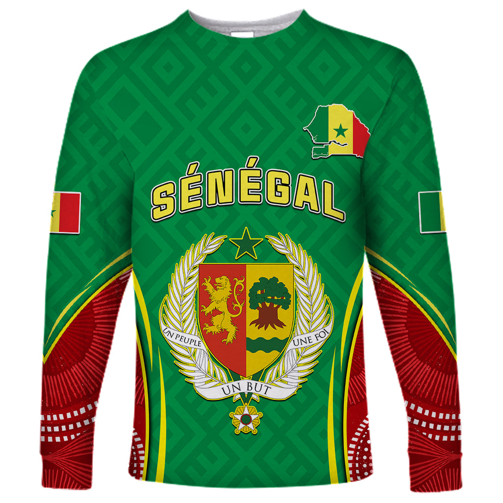 Green long-sleeve shirt with Senegal crest, coat of arms and banner graphic