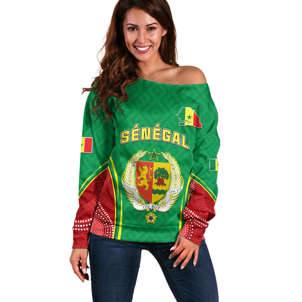 Senegal Off Shoulder Sweater Africa Tribal Pattern With Coat Of Arms TS06 - Wonder Print Shop