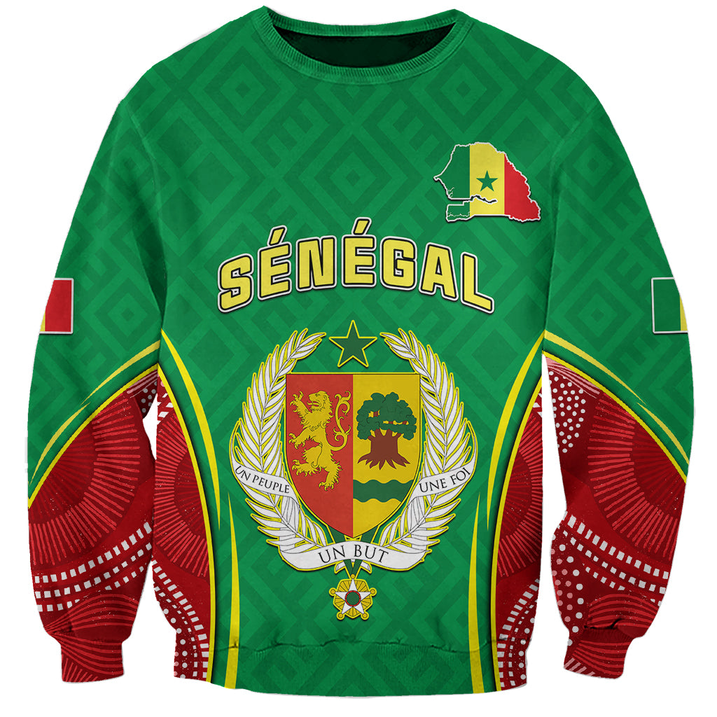 Unisex green Senegal sweatshirt with front coat-of-arms and SENEGAL lettering, red sleeves