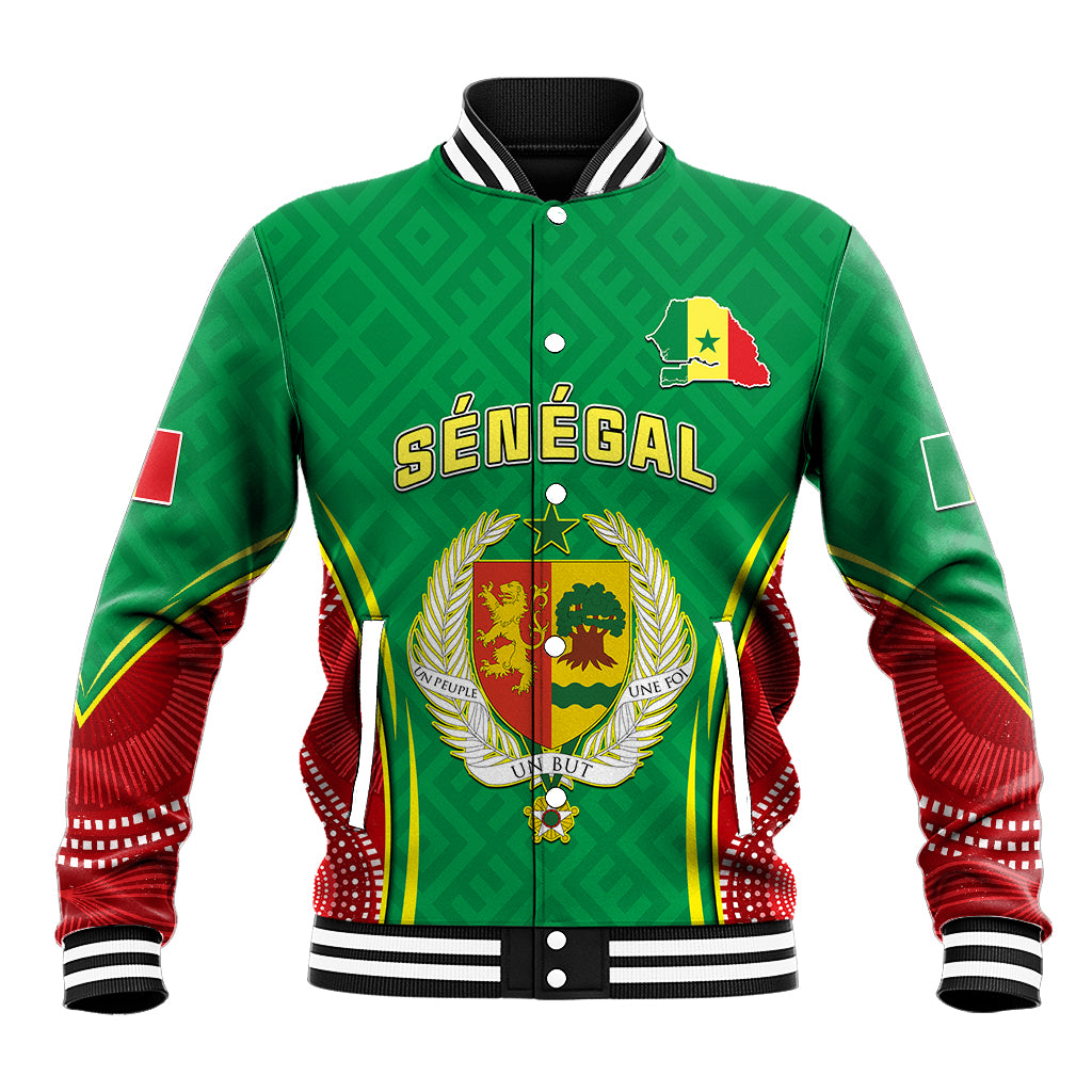 Green baseball jacket with striped collar, geometric tribal print and Senegal crest