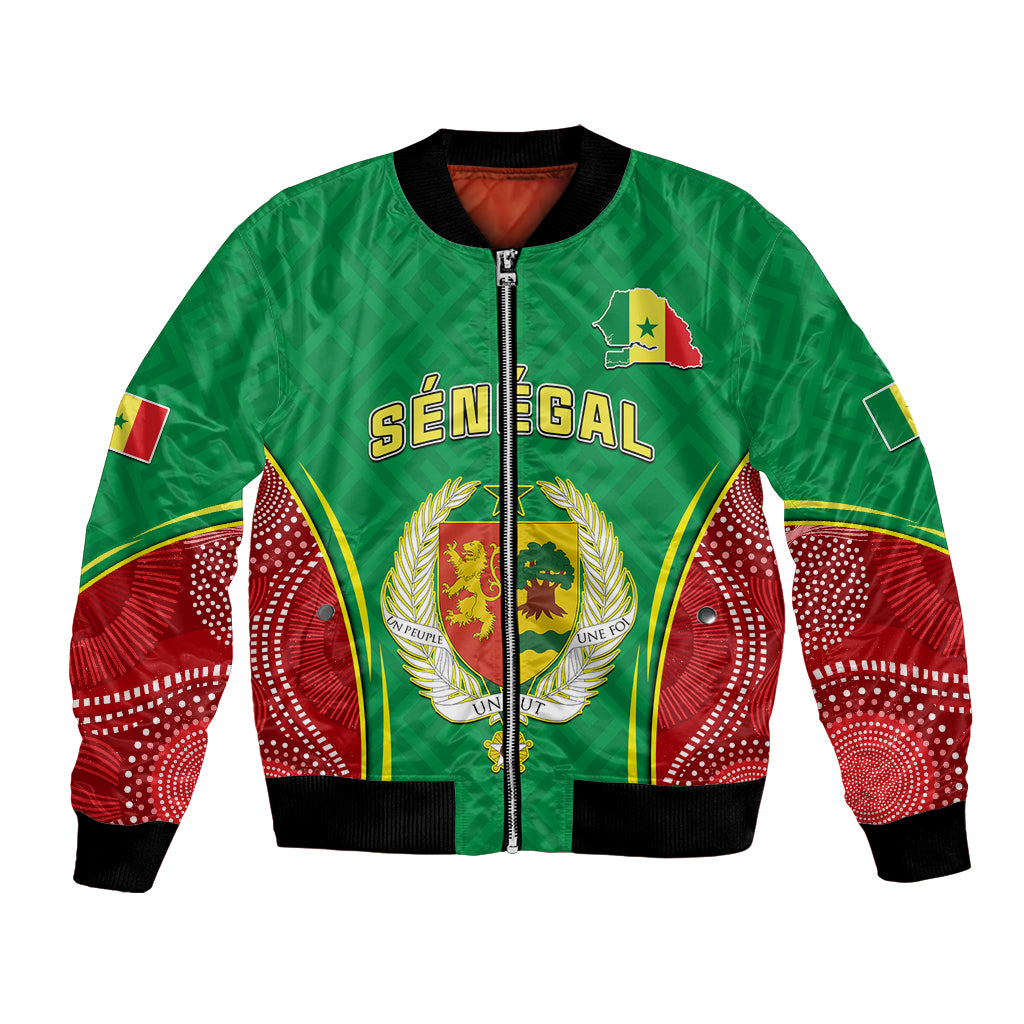 Green bomber jacket, front zip, Senegal crest, tribal wave pattern, ribbed cuffs