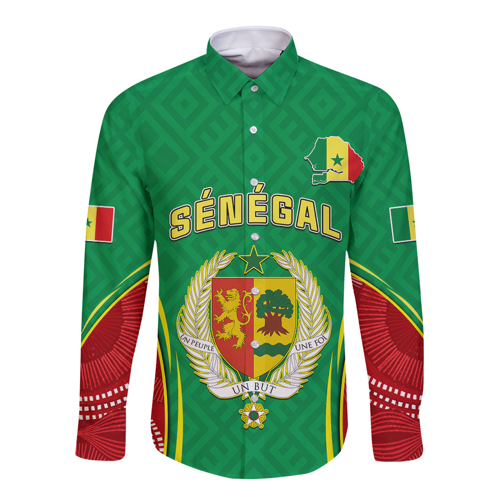 Green long sleeve button shirt with SENEGAL print and coat of arms crest