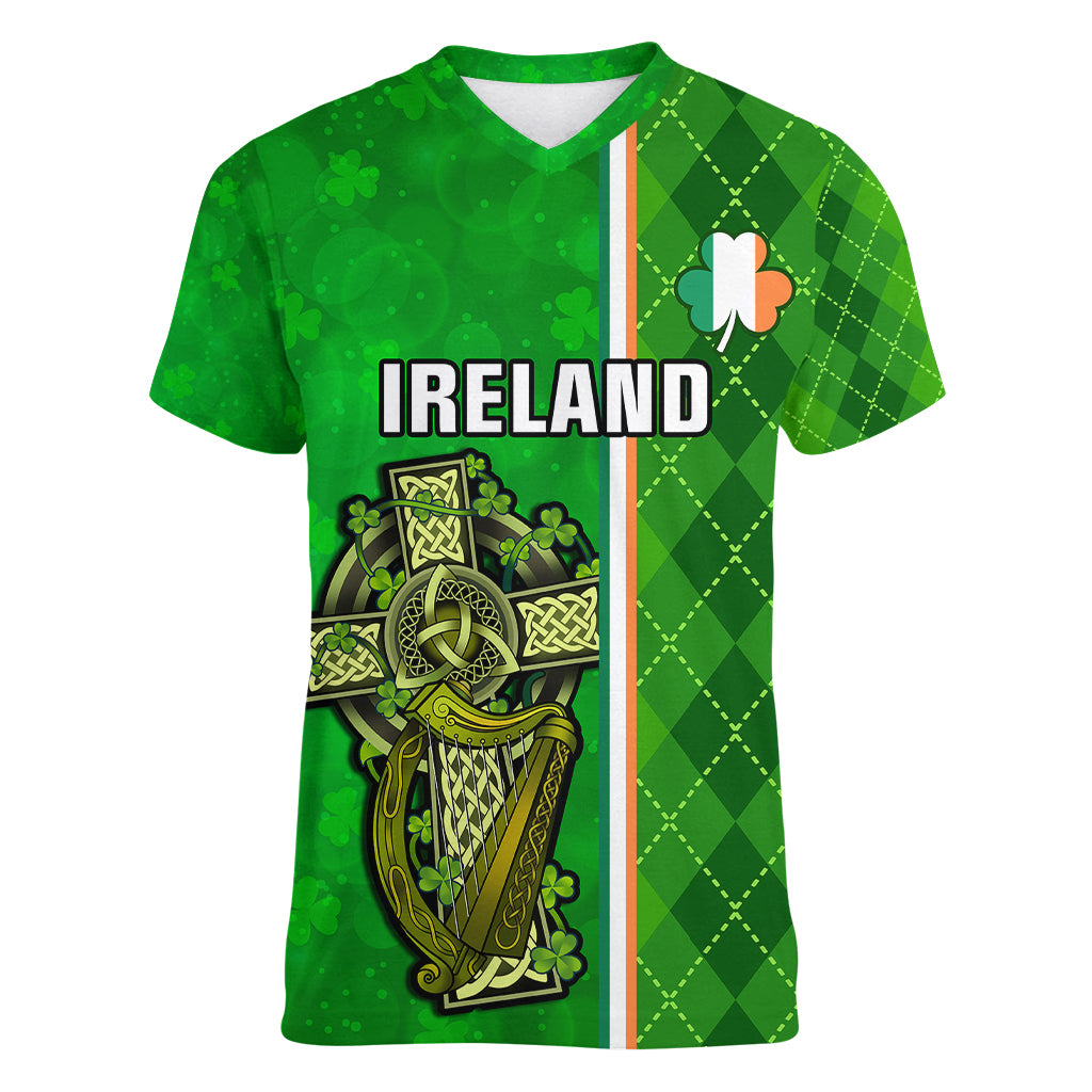 ireland-women-v-neck-t-shirt-cross-with-shamrock-simple-style