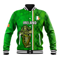 Green varsity baseball jacket with striped collar, snap front; Ireland graphic and shamrock cross.