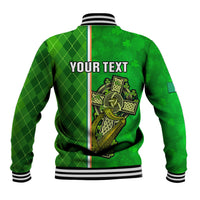 Green baseball jacket back with striped collar and 'YOUR TEXT'; shamrock cross artwork.