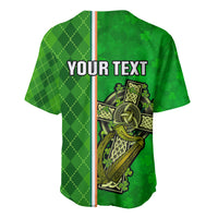 Green baseball jersey back with “YOUR TEXT”, vertical plaid stripe, Celtic cross graphic