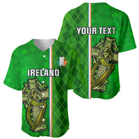 Green baseball jersey front and back with Ireland print, plaid stripe, Celtic cross and shamrock