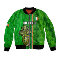 Green bomber jacket with full-zip and Ireland graphic cross, shamrock patch detail