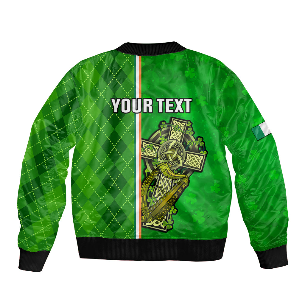 Green bomber jacket with full-zip and 'YOUR TEXT' back graphic cross, shamrock detail
