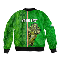 Green bomber jacket with full-zip and 'YOUR TEXT' back graphic cross, shamrock detail