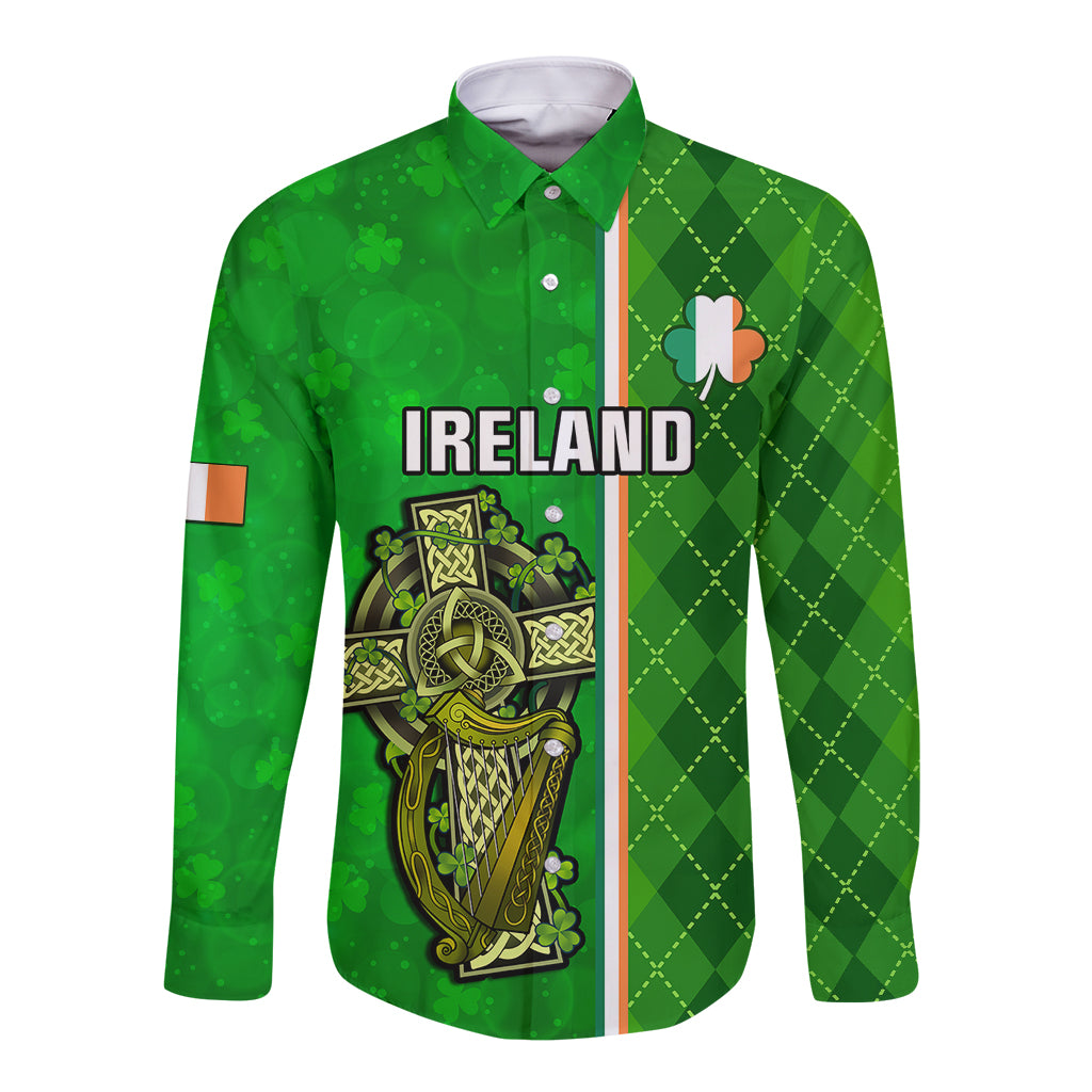 Green long-sleeve button shirt with vertical stripe, IRELAND print, shamrock and Celtic art