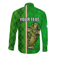 Green long-sleeve button shirt with vertical stripe, YOUR TEXT print, Celtic shamrock artwork