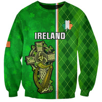 Green crewneck sweatshirt with Ireland lettering and Celtic cross with shamrock graphic