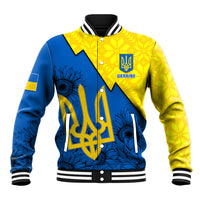 Unisex yellow and blue baseball jacket with Ukrainian trident and folk graphic front