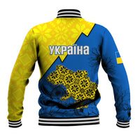 Unisex yellow and blue baseball jacket with Ukraine text, folk pattern, striped collar