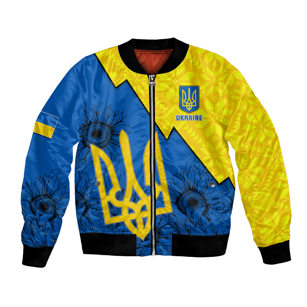Unisex bomber jacket, blue and yellow folk floral graphics with UKRAINE emblem, front zipper.