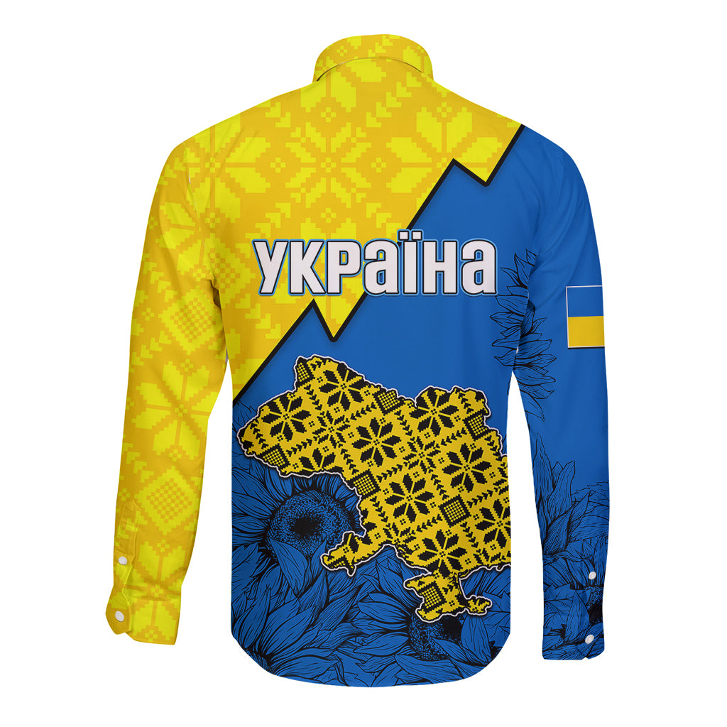 Long-sleeve button shirt, yellow and blue back print with Ukraine text and country outline
