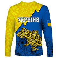 Long sleeve Ukraine shirt with yellow folk pattern, blue body, and map graphic