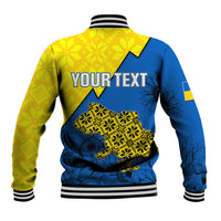 Baseball jacket back in yellow and blue with 'YOUR TEXT', striped cuffs and hem