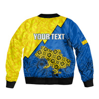 Unisex yellow and blue bomber jacket with full-zip, ribbed hem, 'YOURTEXT' on back, Ukraine map print