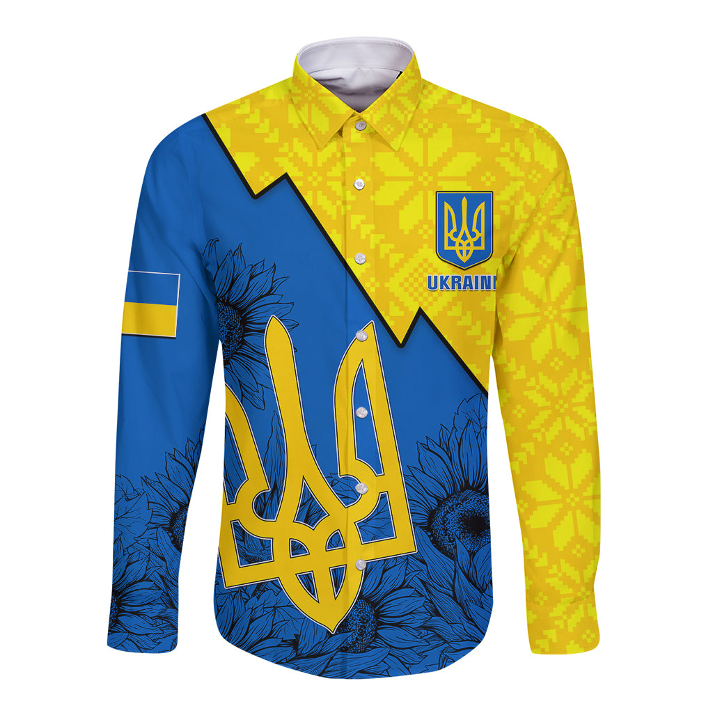 Yellow and blue folk patterned long-sleeve button shirt with trident emblem