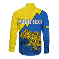 Back of yellow and blue long-sleeve button shirt with "YOUR TEXT" folk map