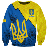 Unisex yellow and blue sweatshirt with Ukraine trident, sunflower folk patterns and 'UKRAINE' print