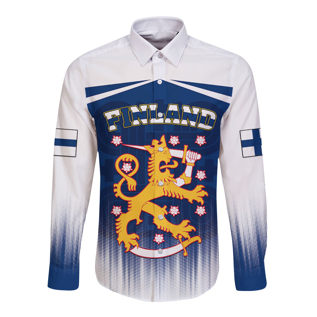 Long-sleeve button shirt in white with Finland crest graphic and blue sleeve panels