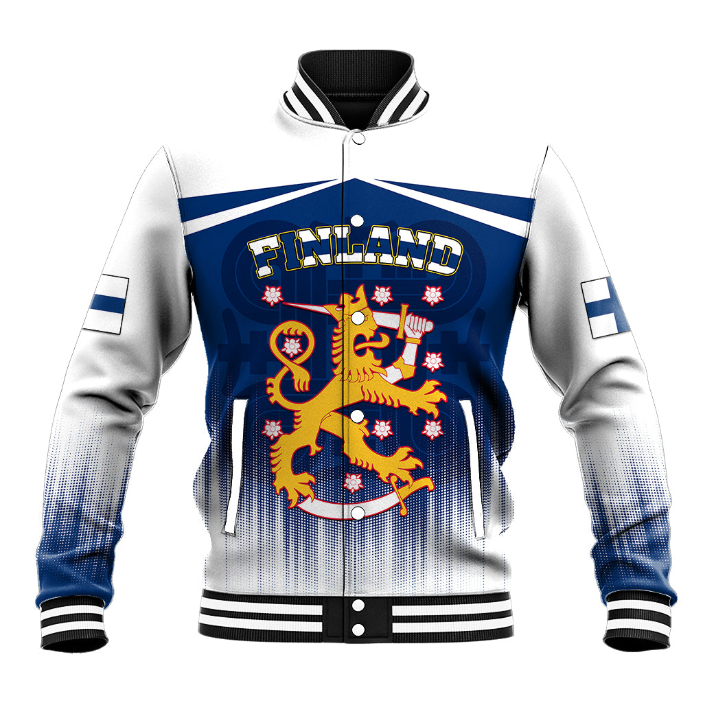 White and blue baseball jacket with Finland crest graphic, ribbed striped collar and cuffs.